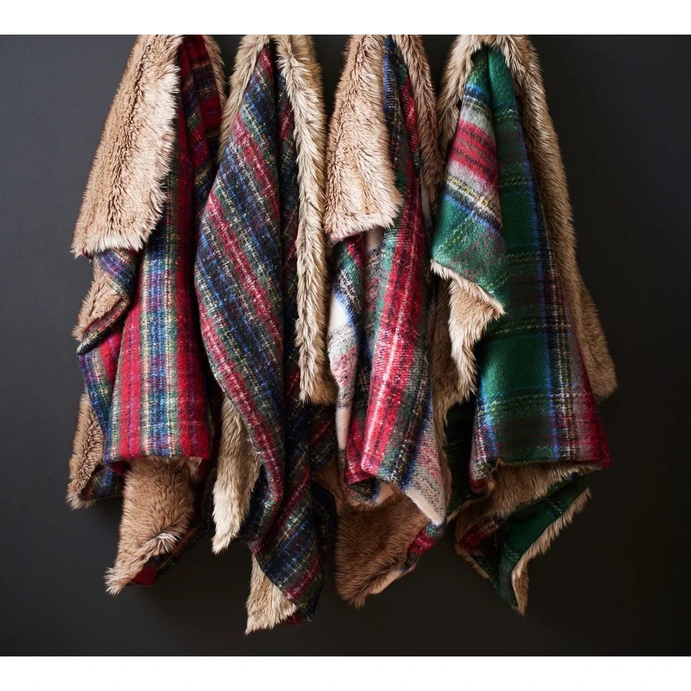 Pottery Barn Stewart Plaid Faux Fur Throw Blanket Red Green Holiday 50x60